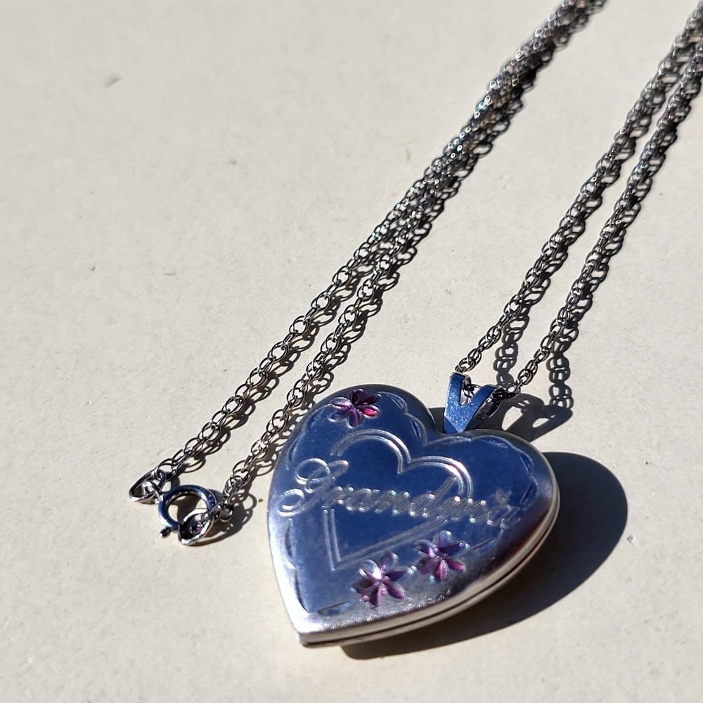 Vintage 925 Sterling Silver Heart Locket Necklace Silver Grandma Floral